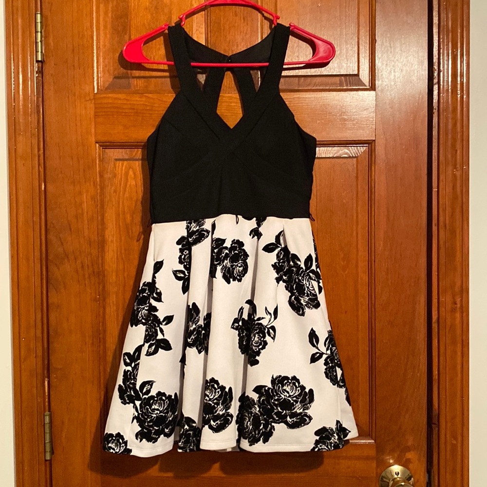 Crystal Doll Black & White Halter Top Floral Mini Social Dress